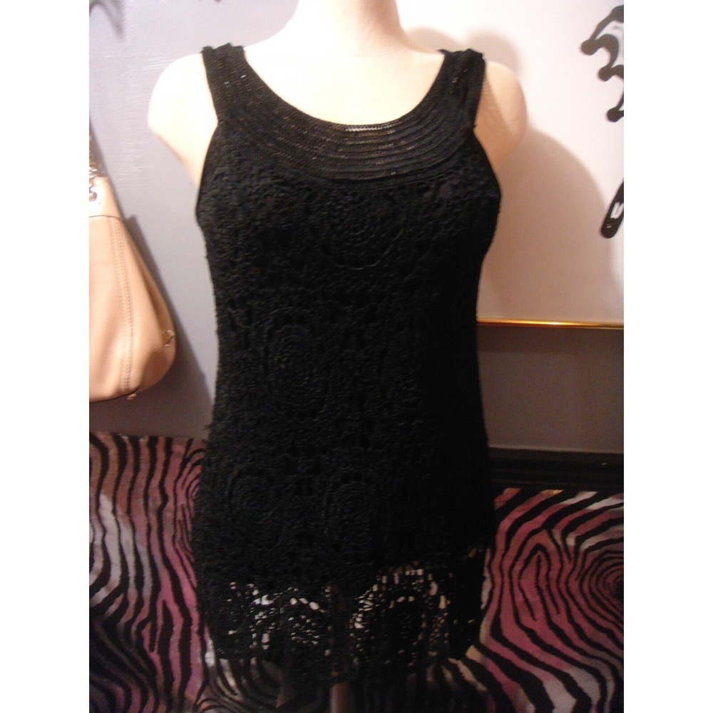 Krochetta women M black sleeveless tank top crochet lined shirt‎ top WELL MADE